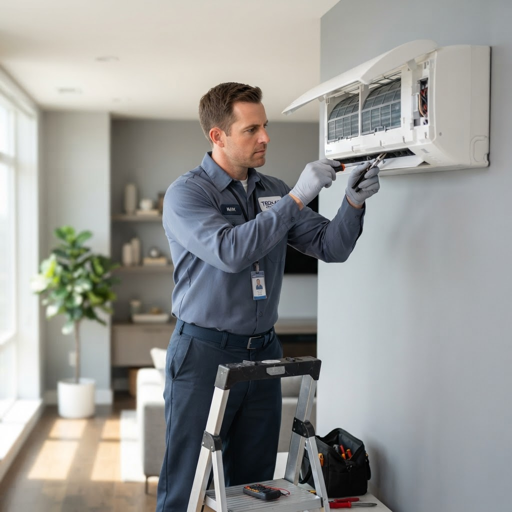 Licensed Siganto Air technician servicing a split-system air conditioner